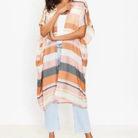 LOFT Striped Kimono Shawl Tunic Cover Up Muted Colors Light Pink Green White - Picture 1 of 9